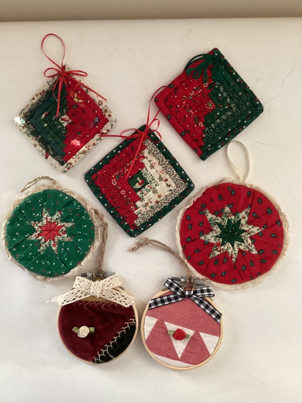 Vintage Handmade Grannycore Christmas Ornaments in Quilt Patterns